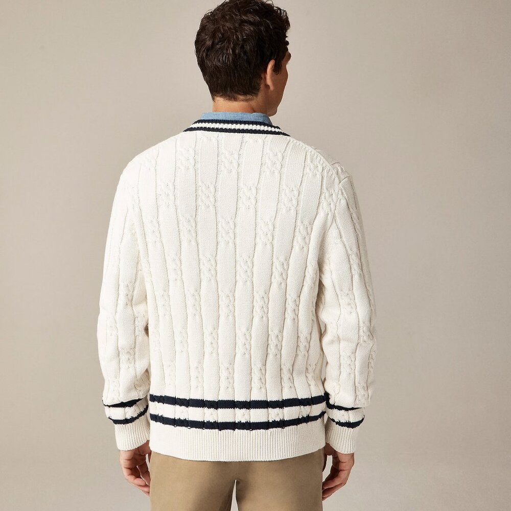 J Crew Cardigan Sweater Mens Cable Knit Varsity White Blue Striped - Picture 3 of 6
